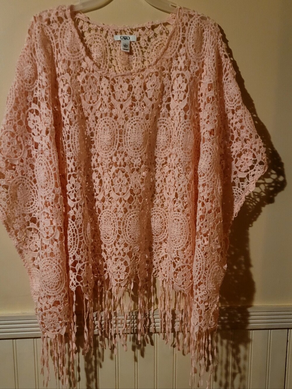Cato Peach Crochet Fringe Poncho Top.
